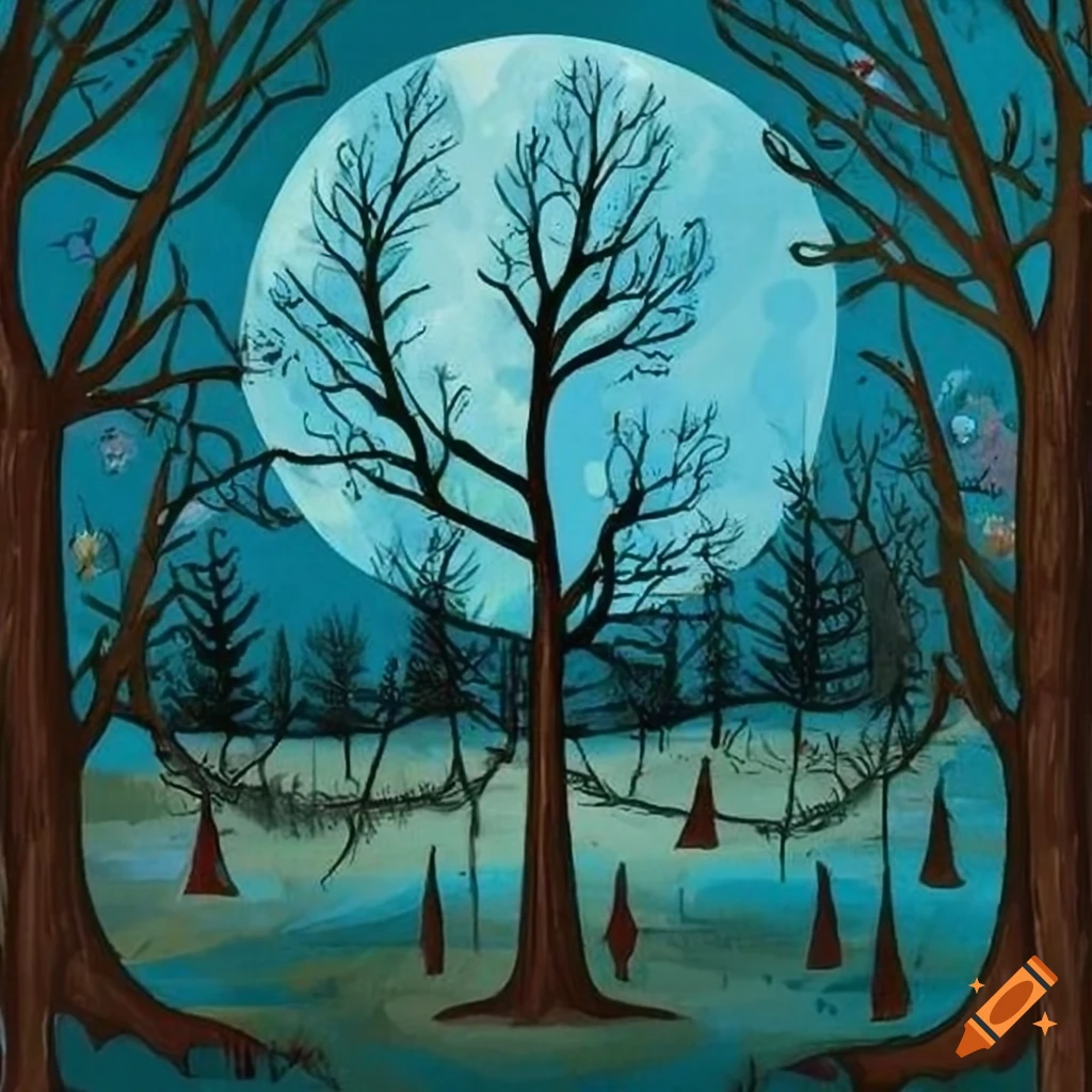 Forest with moon and stars in folk art style