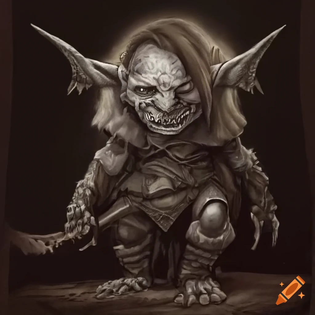 Mythical goblin in black and white with a peaked cap in full body view