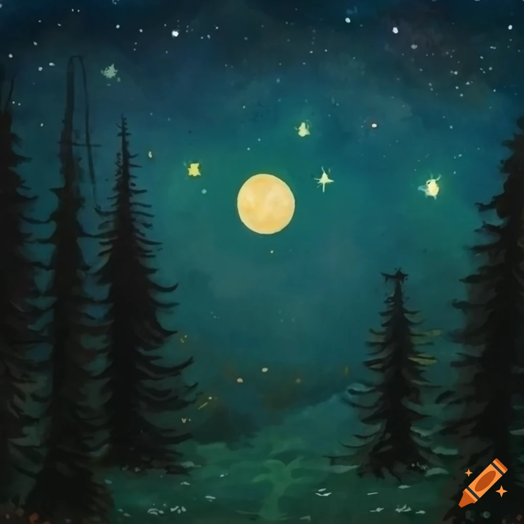 Forest with moon and stars in folk art style