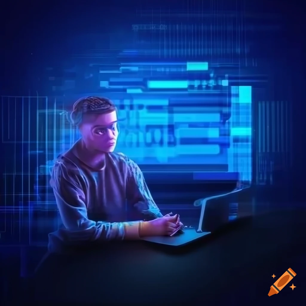 Focused programmer surrounded by holographic data on vibrant background