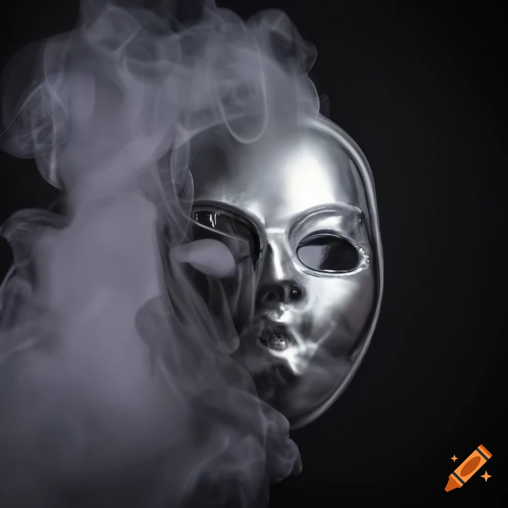 Shiny mask emitting smoke from the eyes in chiaroscuro lighting