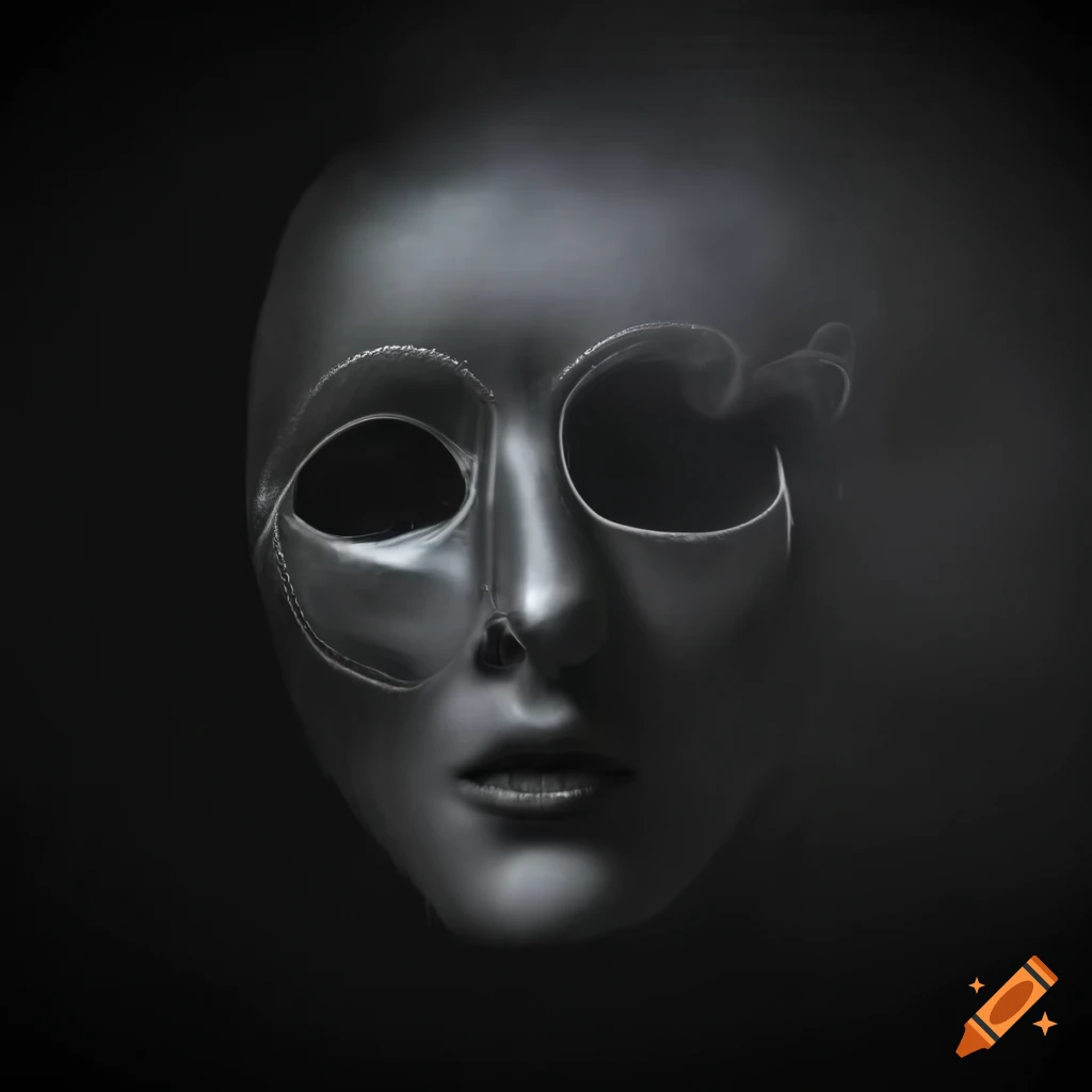 Shiny mask with smoke emitting from eyes in chiaroscuro lighting