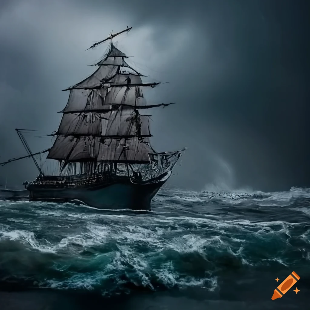 Intricately detailed ship navigating stormy waters under dark clouds