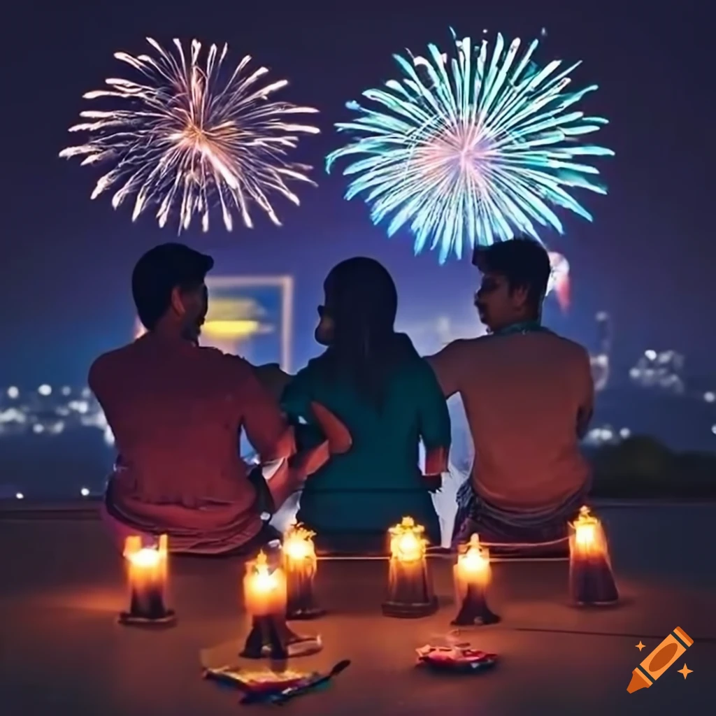 Friends enjoying Diwali night on penthouse rooftop with vibrant fireworks