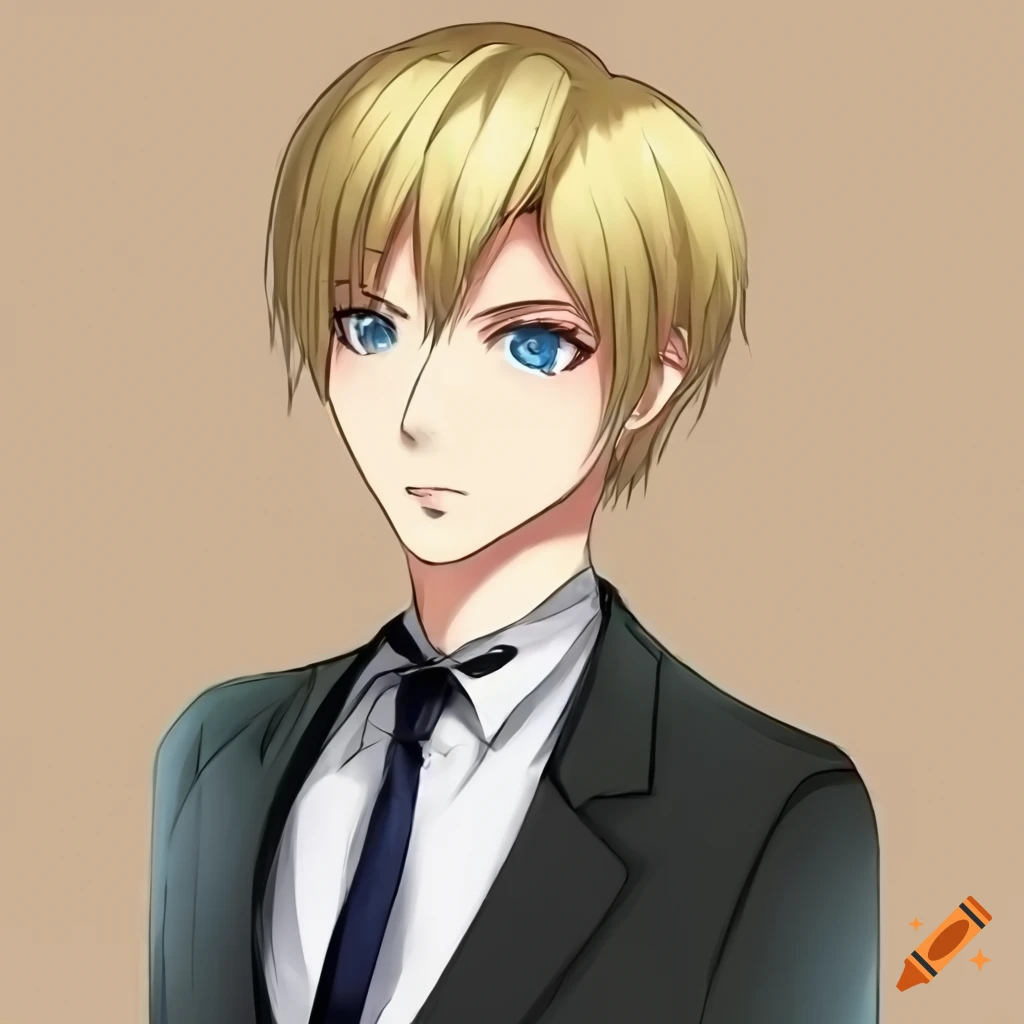 Closeup of a character with blue eyes and short blonde hair in anime style attire