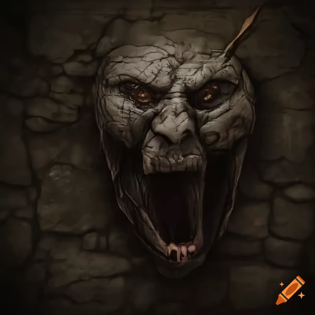 Face screaming on a stone wall in a grimdark style