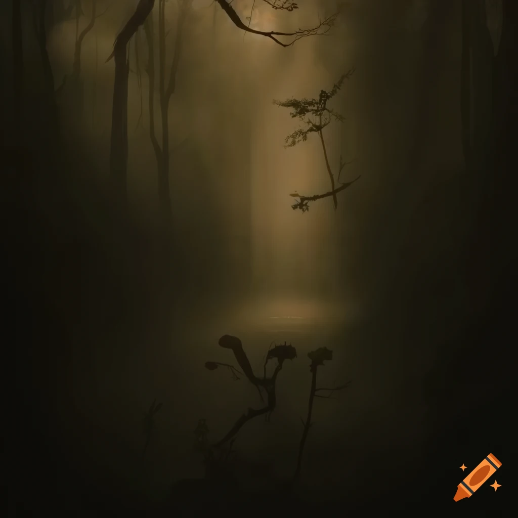 Dark jungle under a full moon with fog in sepia tones