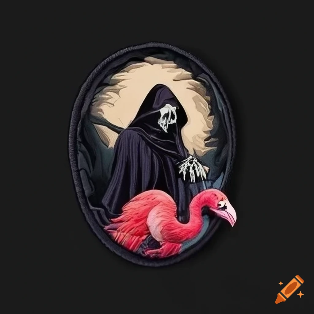 Black Noir graphic design with patch featuring grim reaper and flamingo