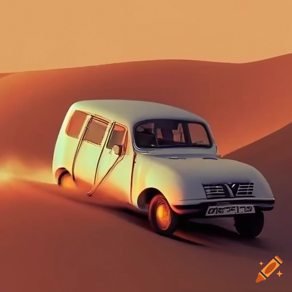 Side view of a Renault 4L driving fast in the desert