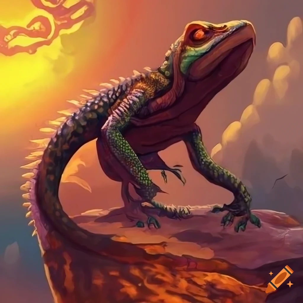 Lizard scuttling across a sun-baked rock in fantasy art style