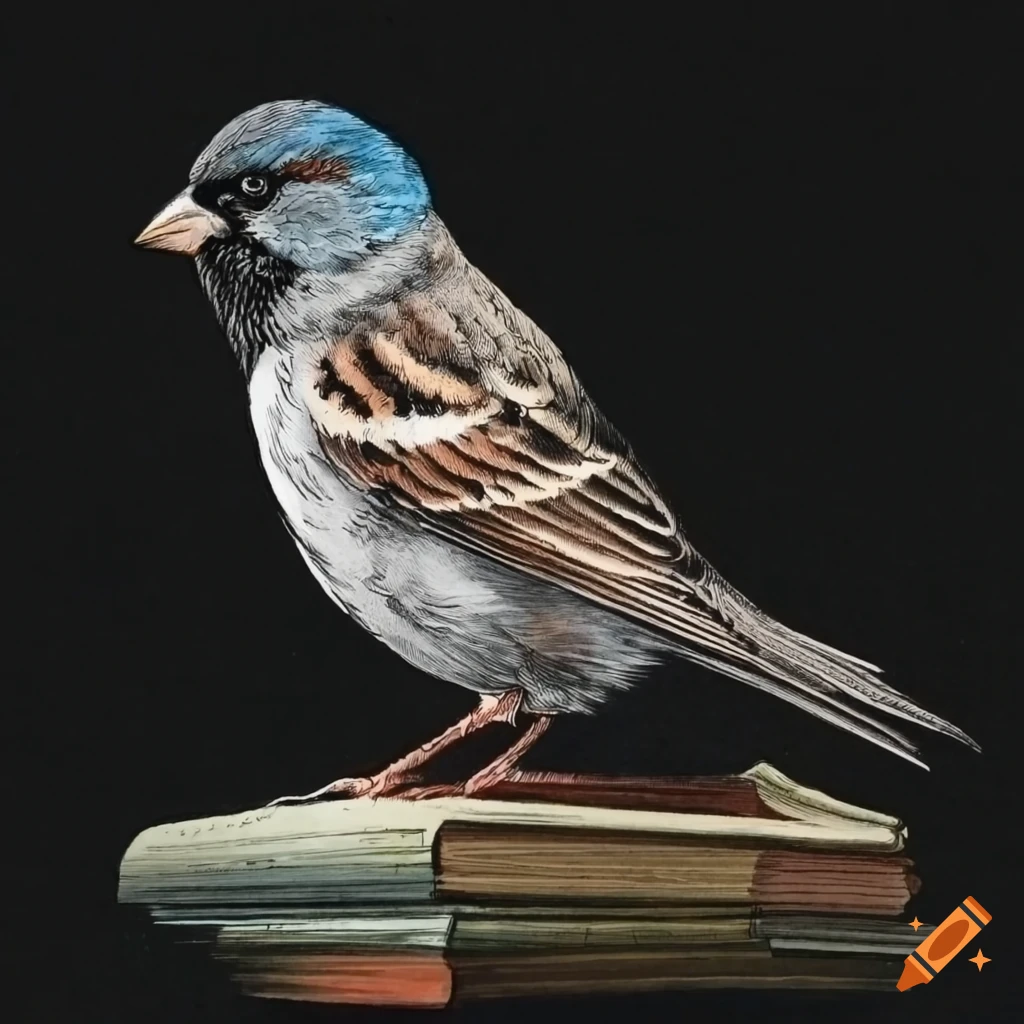 Blue-grey sparrow surrounded by books in Dürer-like etching style