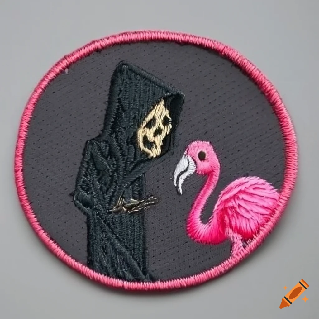 Noir style grim reaper patch with a pink flamingo design