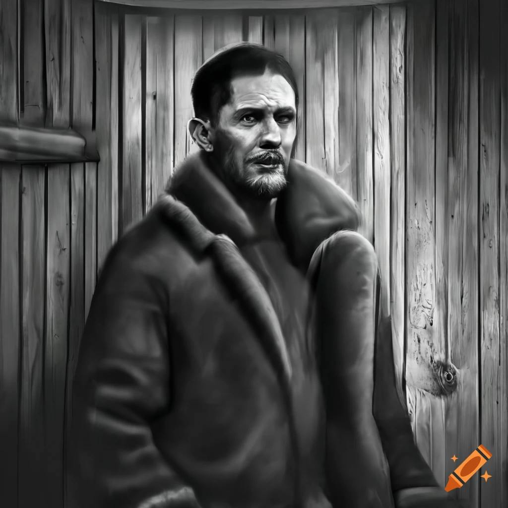 Young man in sheepskin bomber jacket and leather trousers standing in barn doorway