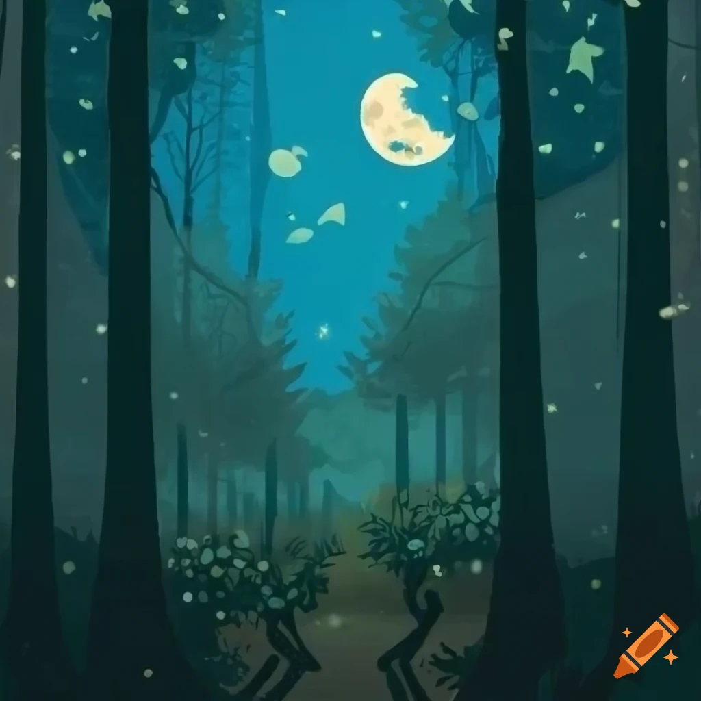 Old growth forest with moon and stars in folk art style
