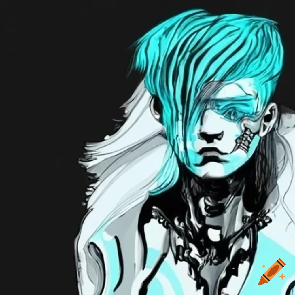 Male cyborg in a cutting-edge bodysuit among modern structures with cyan hair