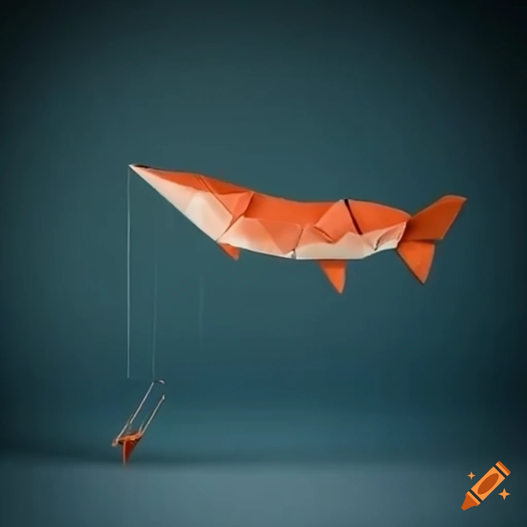Origami man observing a jumping trolley-pike in an artistic fusion