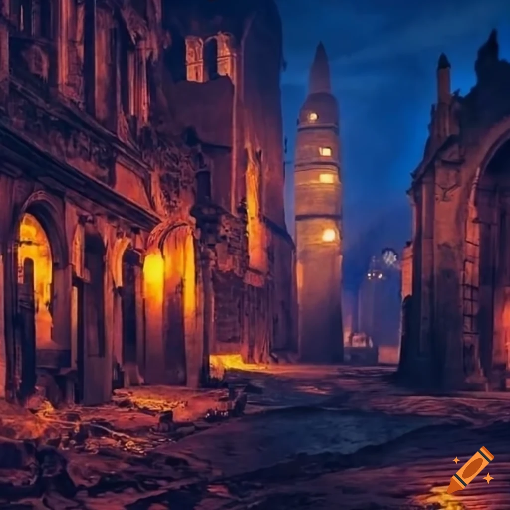 Decaying ancient city with evening lights