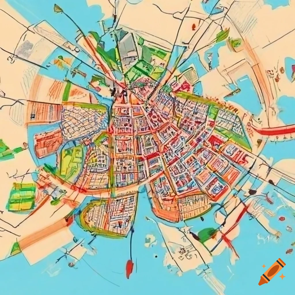 Crayon and colored drawing of Montpellier and its metropolitan area showing distinct neighborhoods and towns