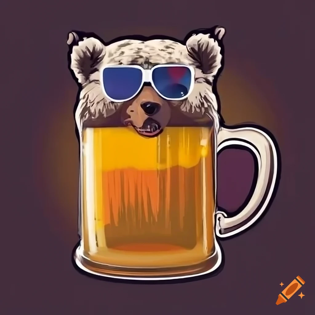 Grizzly bear with sunglasses holding a mug of beer