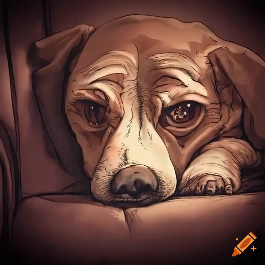 Sad phu quoc dog lying on an armchair with a tear, in a vintage sepia tone inspired by Alice in Wonderland
