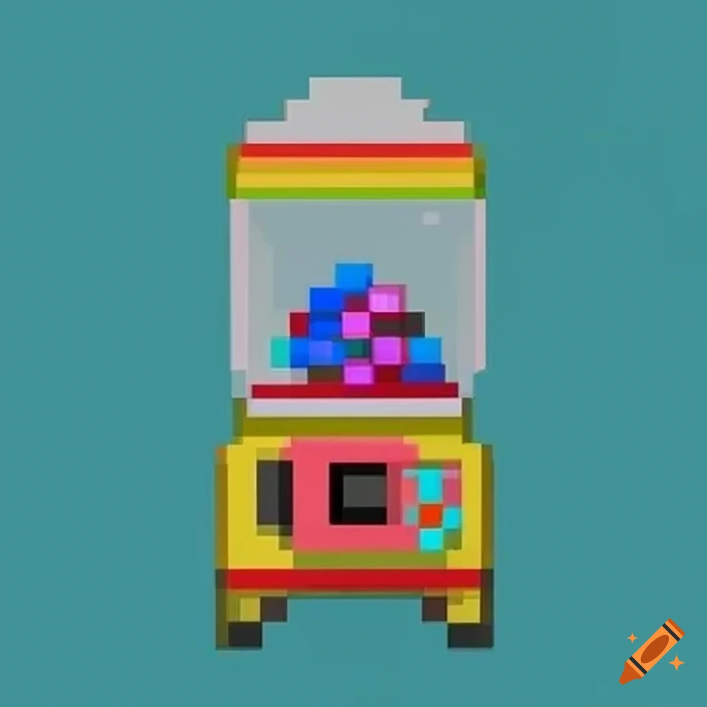 Colorful 8-bit pixelated gumball machine with multicolored gumballs