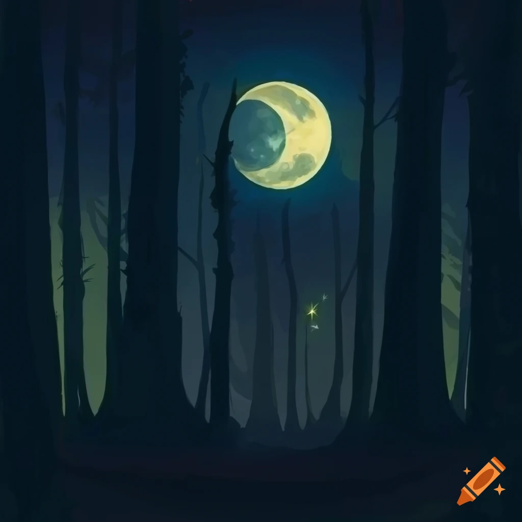 Old growth forest with moon and stars in folk art style