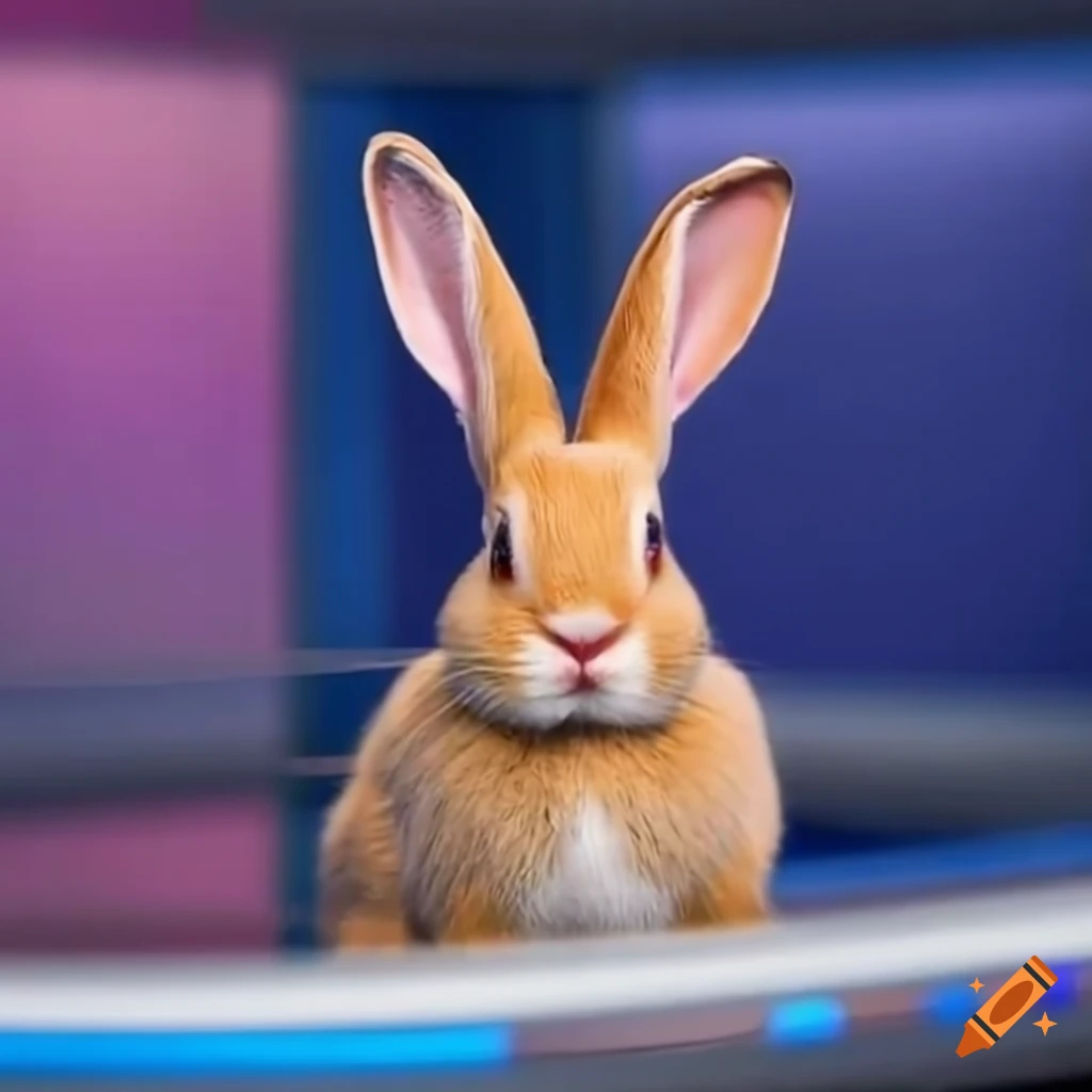 Bunny in a TV news studio behind a desk