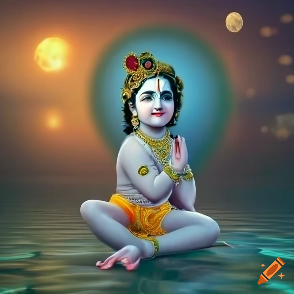 Beautiful God Krishna in a jungle under the moonlight