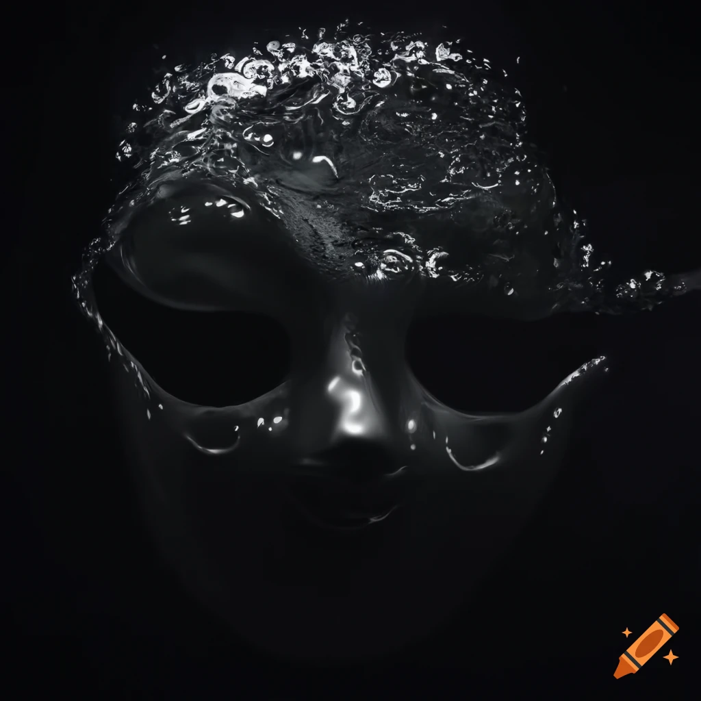 Shiny mask submerged in dark water with chiaroscuro lighting