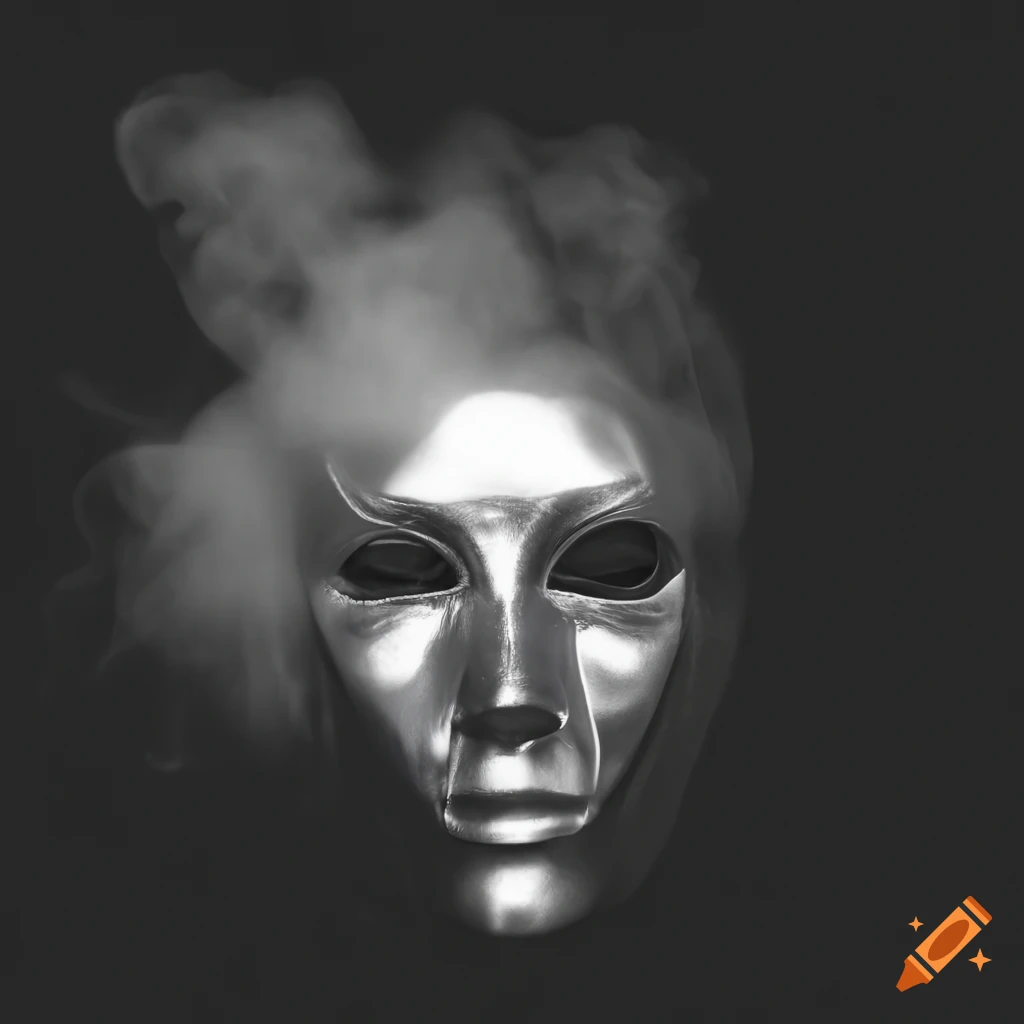 Shiny mask with smoke emitting from eyes in chiaroscuro lighting