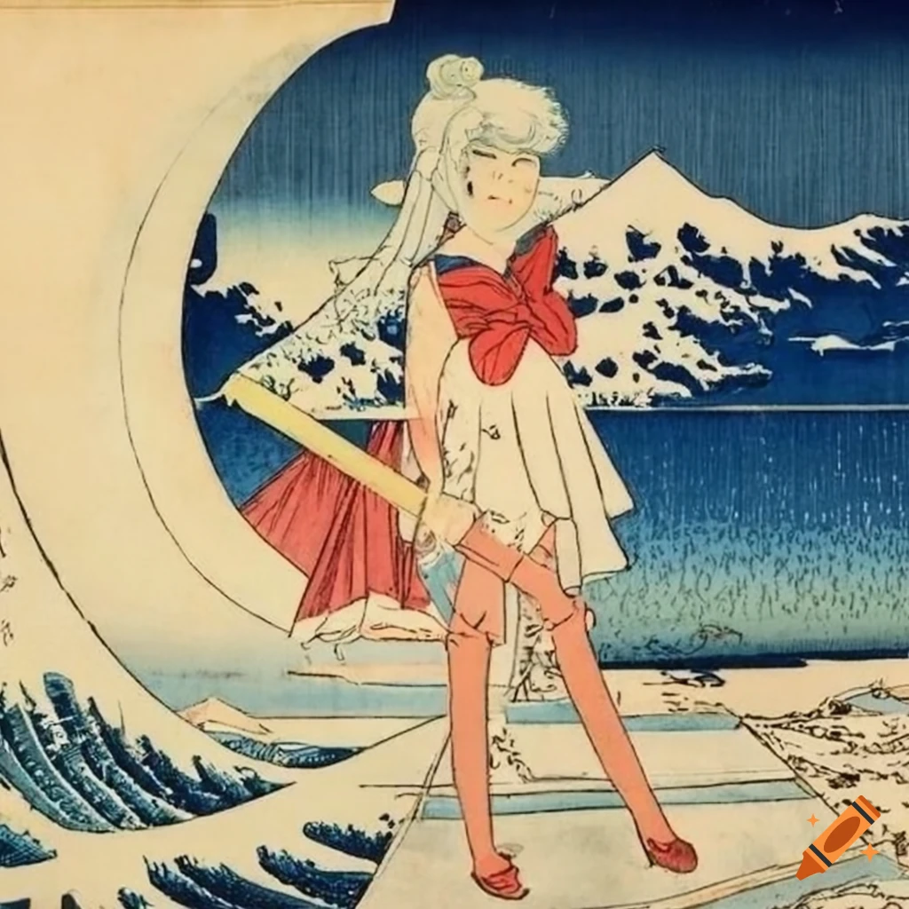 Sailor Moon in ukiyo-e style by Hokusai from Edo period