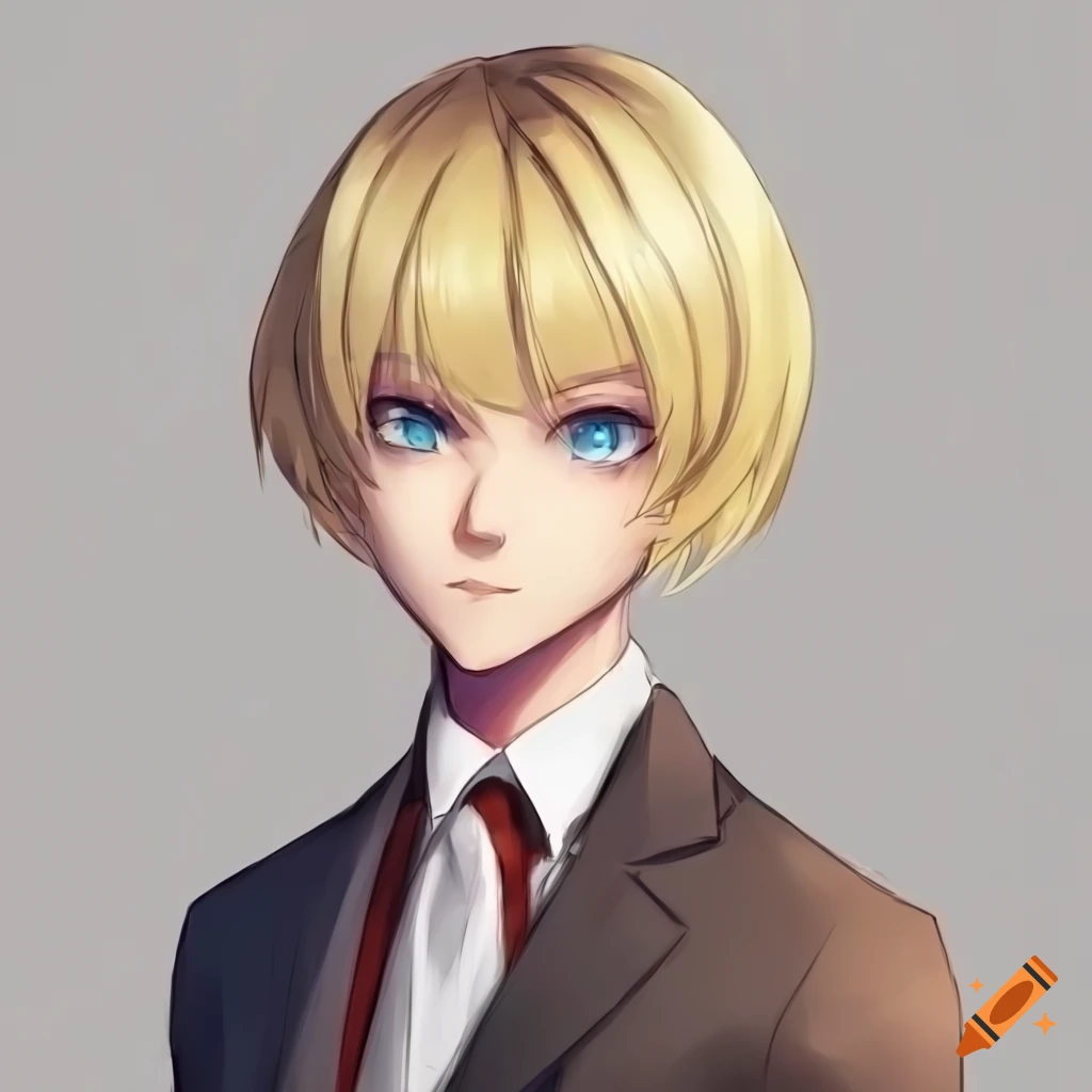 Blue-eyed anime character in a suit with androgynous features