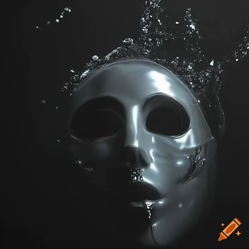 Shiny mask submerged in dark water with chiaroscuro lighting