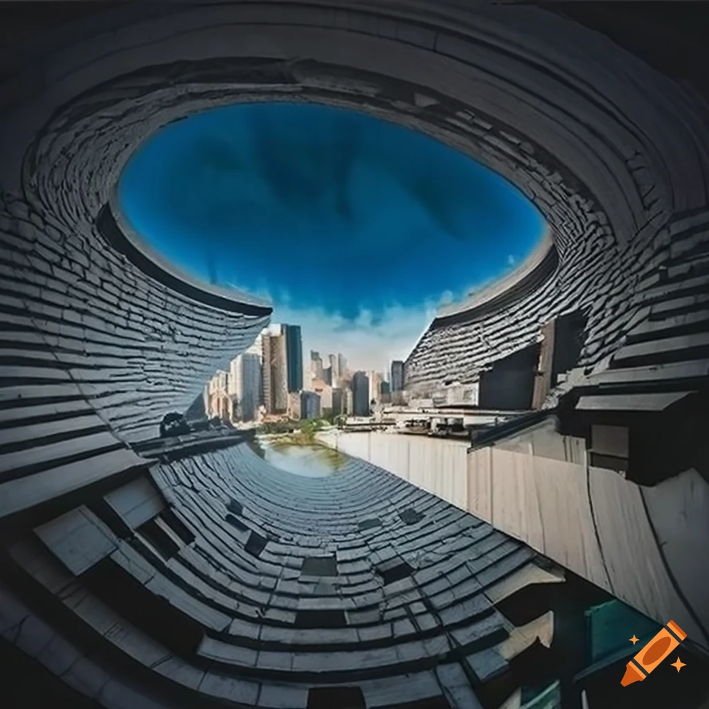 Enigmatic eye floating above urban landscape