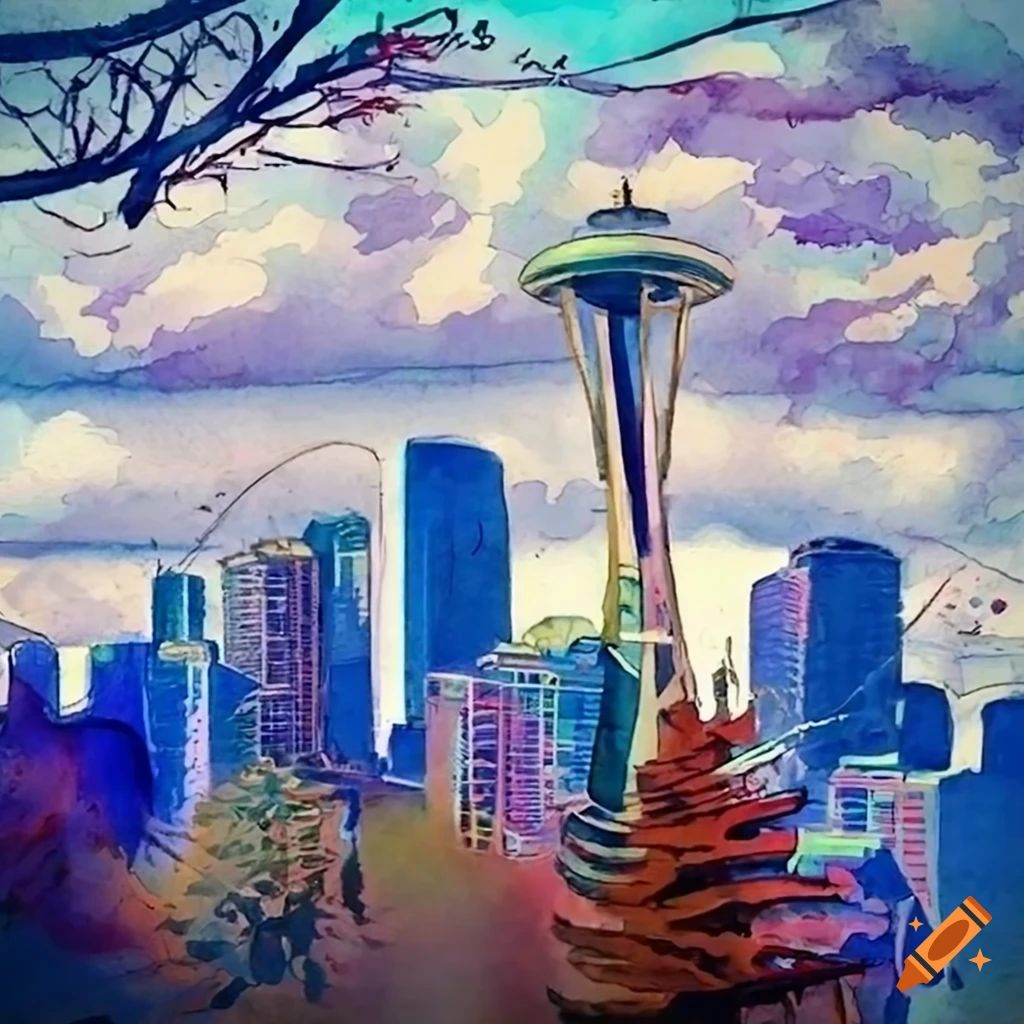 Panoramic view of Seattle with Space Needle and vibrant cityscape