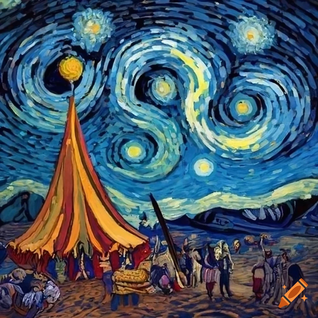 Skilled juggler in a vivid circus scene under a starry night sky inspired by van Gogh