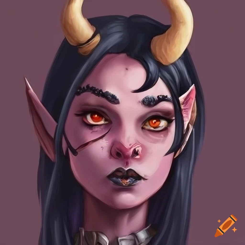 Portrait of a young female tiefling with tiny horns and black hair on ...