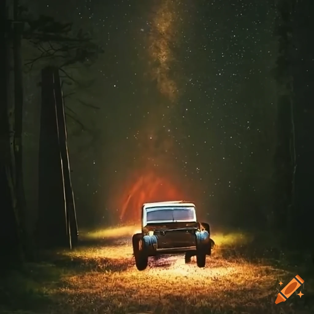 Vintage pickup truck on a dirt road under a starry night sky with rustic details
