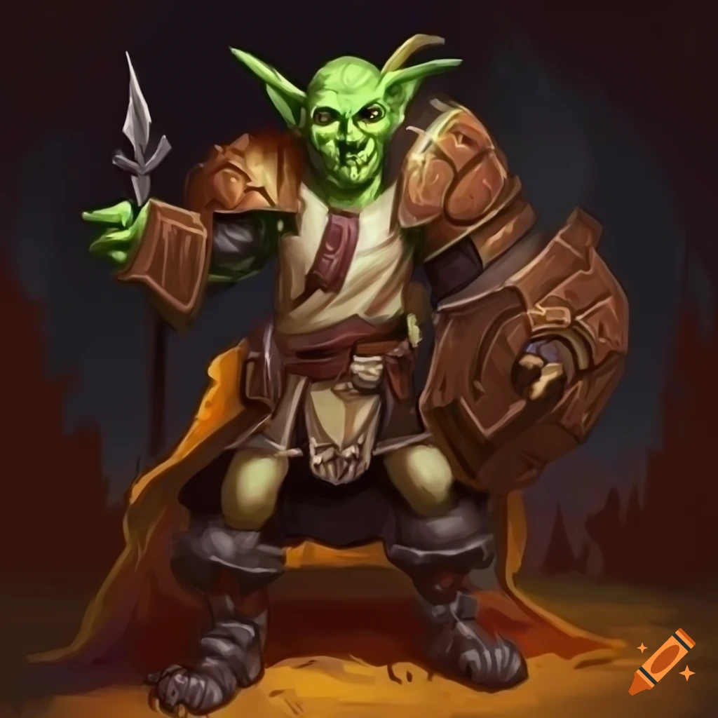 Male goblin artificer with red eyes and spear, shield in hand