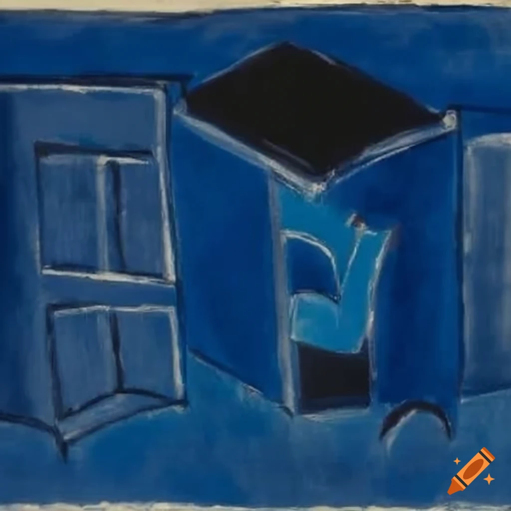Picasso painting of a hotel room with wardrobe, bed, and bathroom in indigo and black