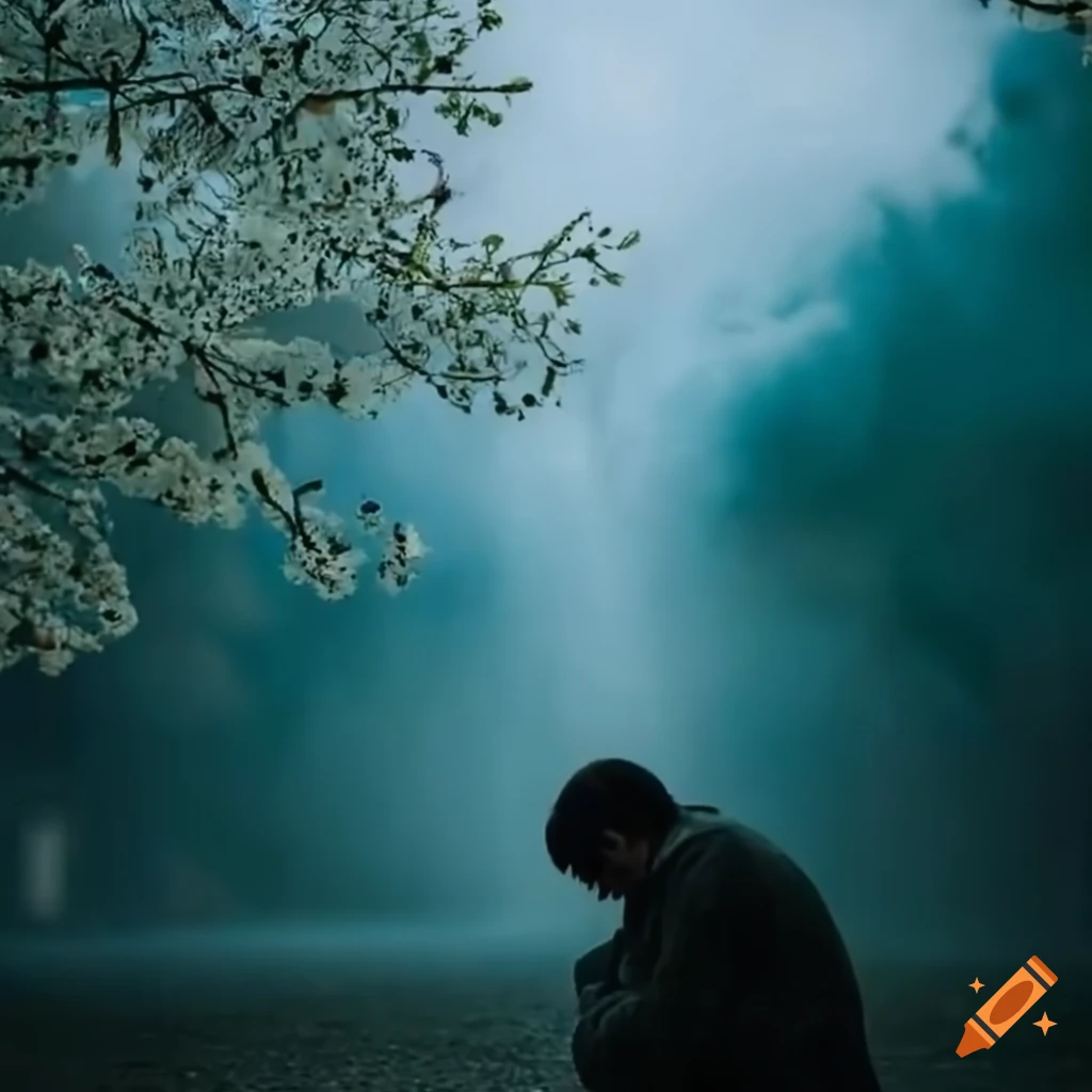 Man contemplating life under a blooming tree in a smoky environment