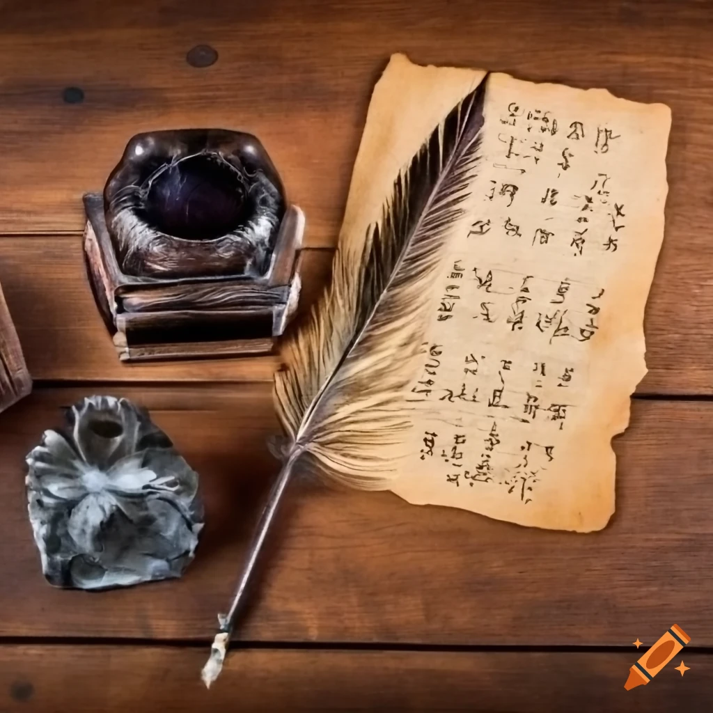 Antique parchment with ancient writings on a wooden desk with inkwell and quill