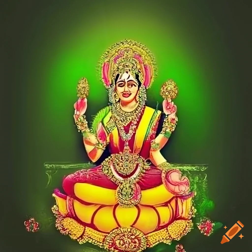Kolhapur Mahalaxmi in golden yellow and green line art