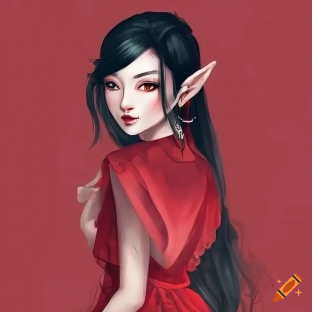 Flying Asian pixie with black hair in a red dress