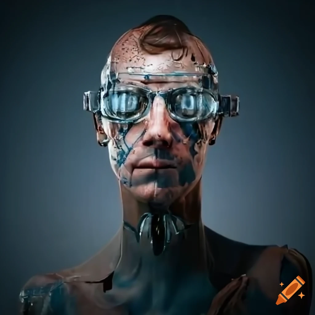 Cyborg with crystal goggles projecting holograms