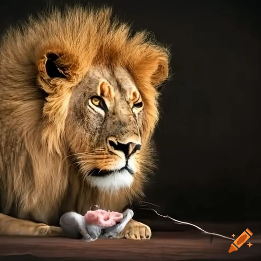 Lion having a conversation with a mouse