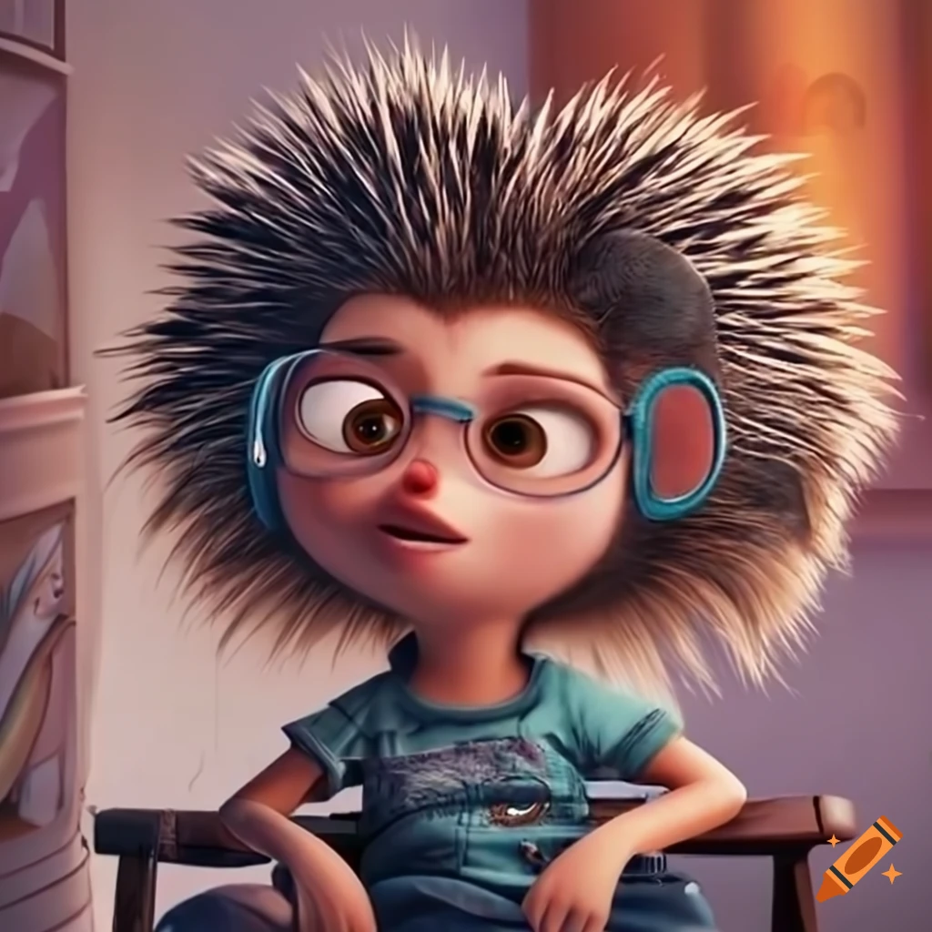Animated Pixar movie poster featuring a hedgehog with pigtails, round glasses, and a funny outfit