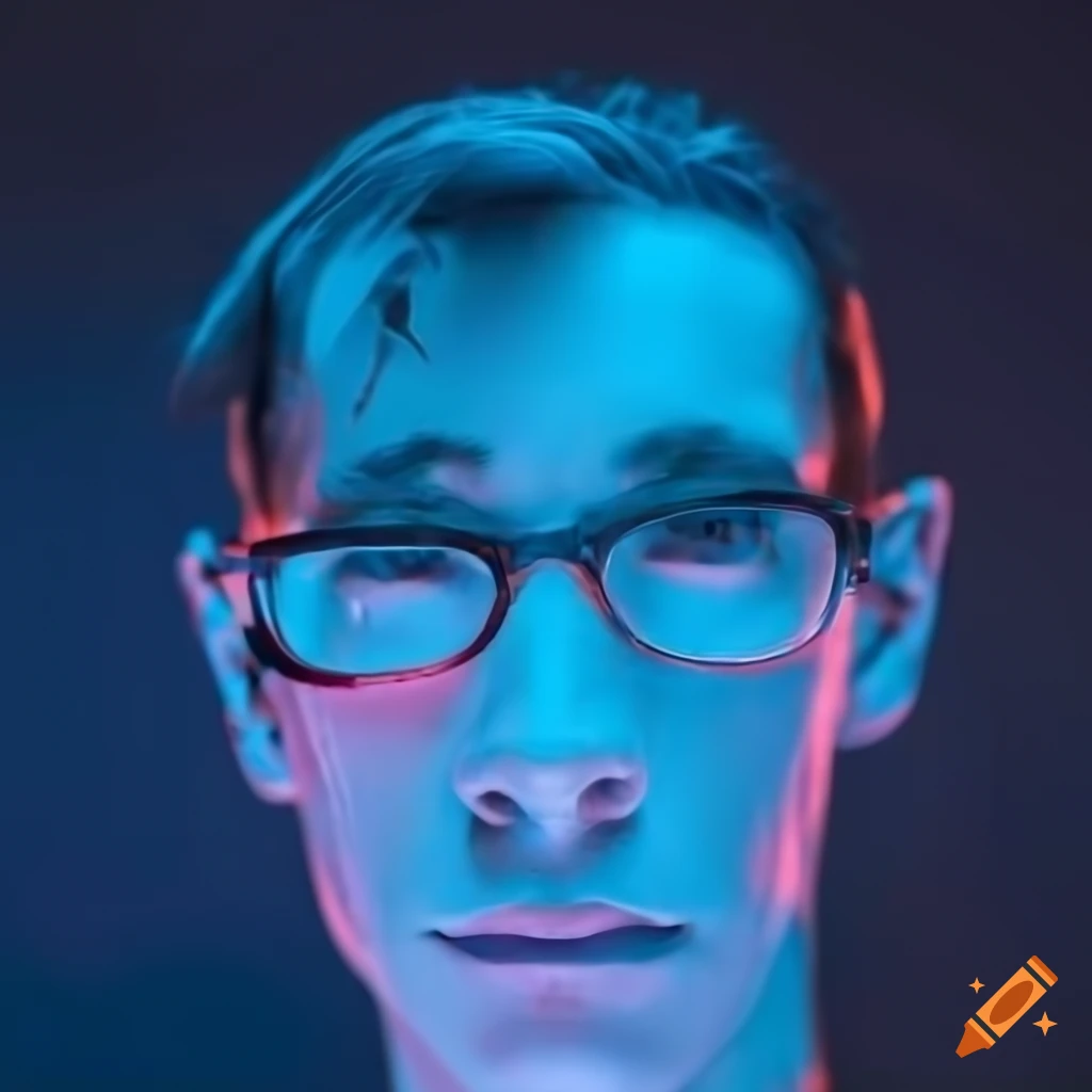 PhotoRealistic skinny male cyborg with glasses under neon lighting
