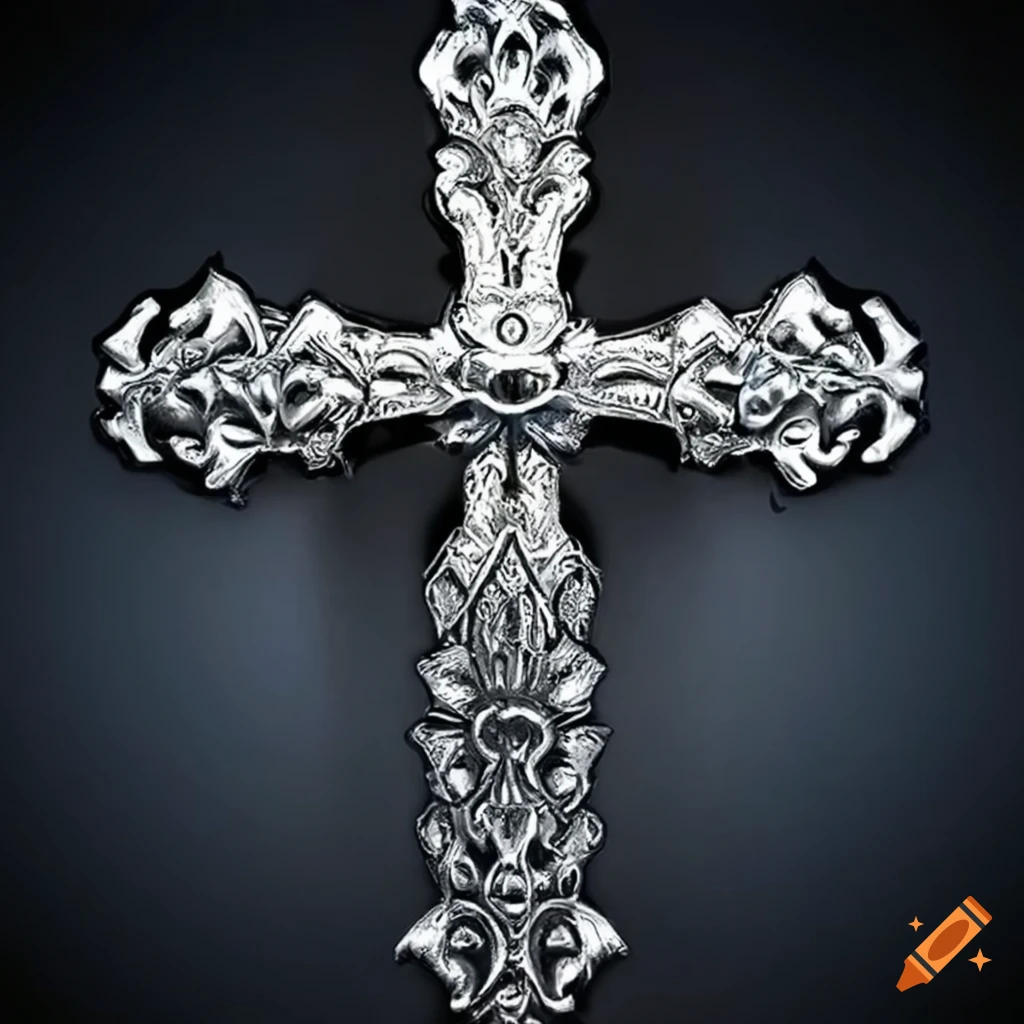 Intricately designed metallic silver cross with a reflective surface