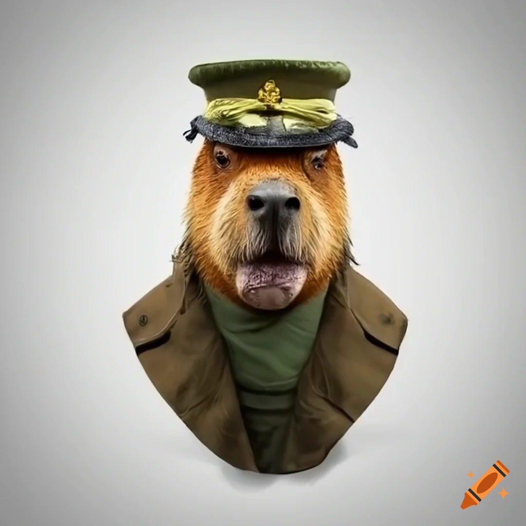 Capybara wearing an Army officer hat in a realistic style